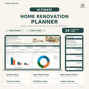May include: A digital home renovation planner template for Google Sheets featuring a dark green and white interface. The layout displays budget, cost forecast, and task progress charts, with 16 connected pages, editable inputs, and data-linked charts.