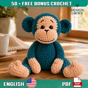 Apa virkmönster (INTE AI), Plyschapa Amigurumi PDF, Chenille gosedjursmönster, Söt Apa Plysch, Direktnedladdning