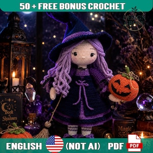 May include: A crocheted doll dressed as a witch with lavender hair, a dark blue pointed hat, and a dark blue and purple dress. The doll holds a small orange crocheted pumpkin with a black jack-o'-lantern face and carries a brown broom.
