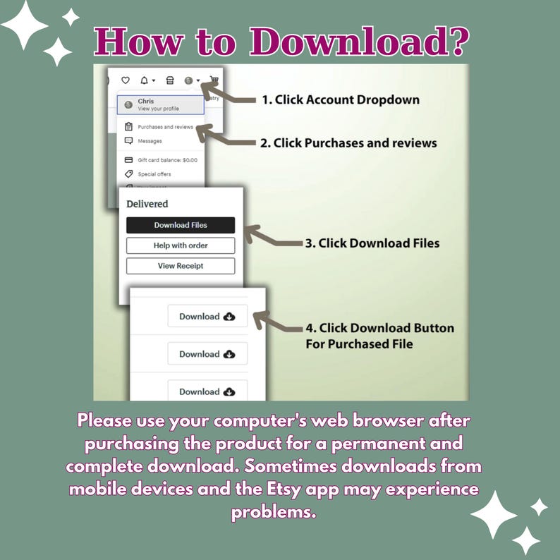 May include: A guide on how to download a purchased file, with step-by-step instructions. The image shows a screenshot of a website with numbered steps and arrows pointing to the relevant buttons. Text includes "How to Download?" and instructions.