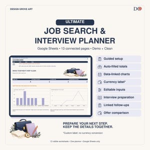 Könnte beinhalten: Ein digitaler Jobsuche- und Interviewplaner für Google Sheets mit dem Titel Ultimate Job Search & Interview Planner. Er enthält ein Dashboard mit datenverknüpften Diagrammen, eine blaue Aktentasche, ein lila Notizbuch und einen Stift. 13 Seiten.