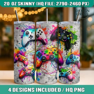 May include: Three 20 oz skinny tumblers with colorful controller designs. Each tumbler features a different controller design in vibrant colors, set against a gray, textured background with paint splatters. The tumblers include the text "4 DESIGNS INCLUDED / HQ PNG".