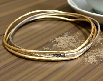 Handcrafted Hammered Bangle Set: Gold & Silver Mixed Metal Bracelets