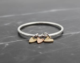 Hammered Silver Bangle Bracelet – Gold & Rose Gold Heart Charms