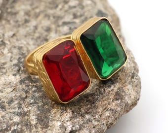 Garnet Quartz and Emerald Quartz Ring, 18K Gold Plated Adjustable Statement Ring, Double Stone Cocktail Jewelry