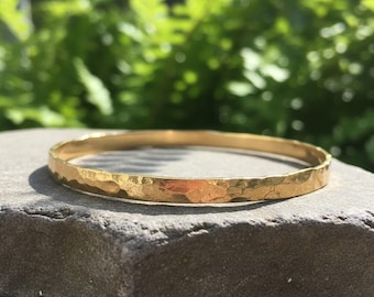 18K Gold Plated Hammered Gold Bangle, Thin Minimal Bracelet, Modern Everyday Jewelry