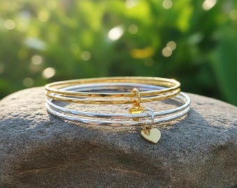 18K Gold Plated & Silver Plated Heart Charm Bangle Set – Hammered Adjustable Bracelets for Women