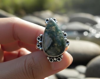 Silver-Plated Moss Agate Ring – Boho Adjustable Statement Jewelry
