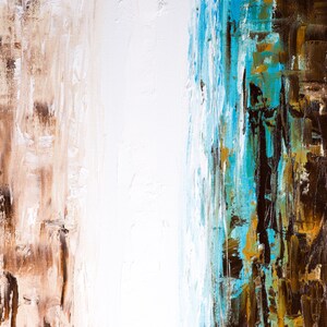 May include: Abstract painting with vertical brushstrokes in shades of brown, white, blue, and turquoise.