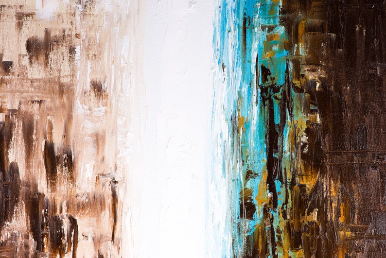 May include: Abstract painting with vertical brushstrokes in shades of brown, white, blue, and turquoise.