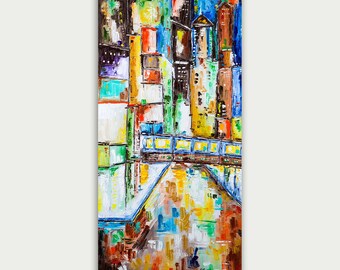 Colorful Chicago Train Skyline, Oil Painting, Abstract Modern Skyline, Fine Art, Home Decor
