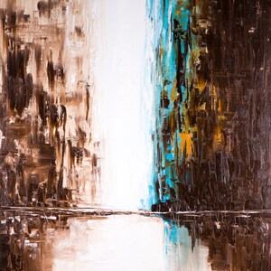 May include: Abstract painting with brown, white, and blue brushstrokes. The painting is divided into three sections, with the left and right sections being brown, and the middle section being white. The blue brushstrokes are in the middle section, creating a vertical line.