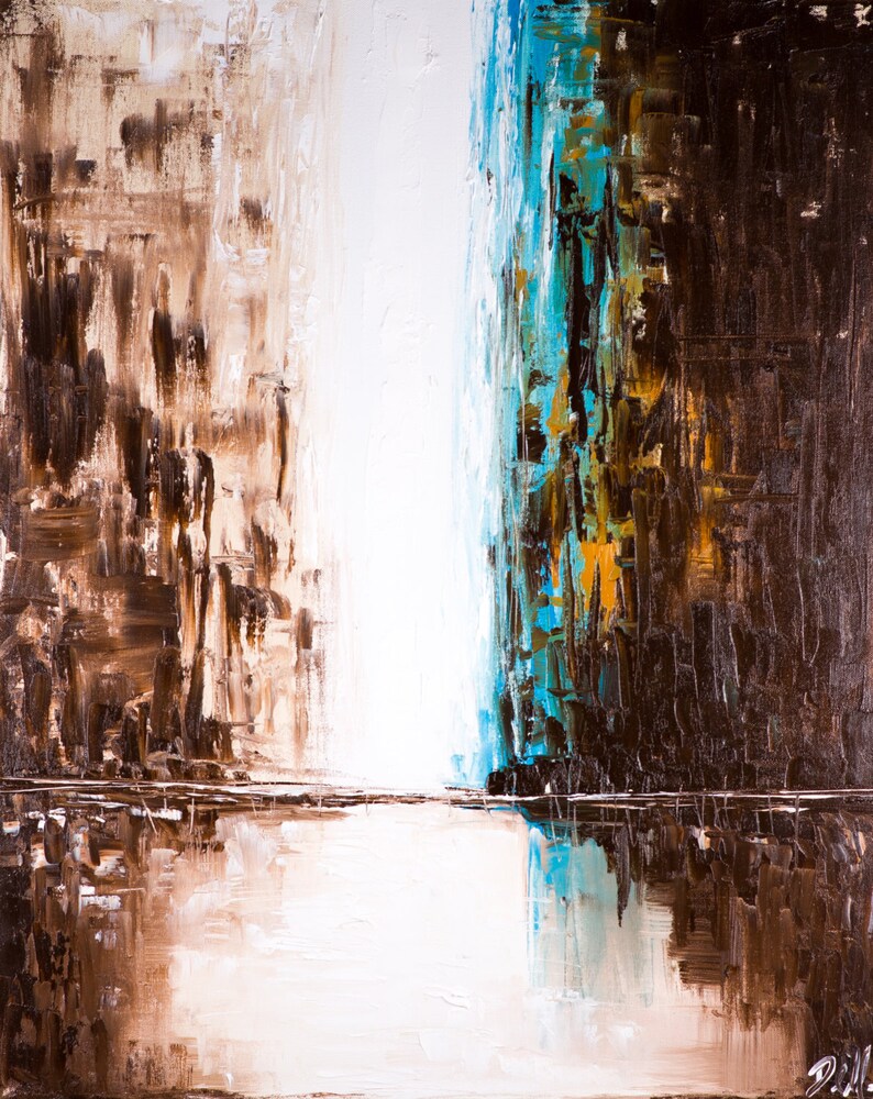 May include: Abstract painting with brown, white, and blue brushstrokes. The painting is divided into three sections, with the left and right sections being brown, and the middle section being white. The blue brushstrokes are in the middle section, creating a vertical line.