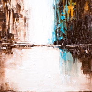May include: Abstract painting with brown, white, and blue brushstrokes. The painting is divided into three sections, with the middle section being white and the two outer sections being brown and blue.