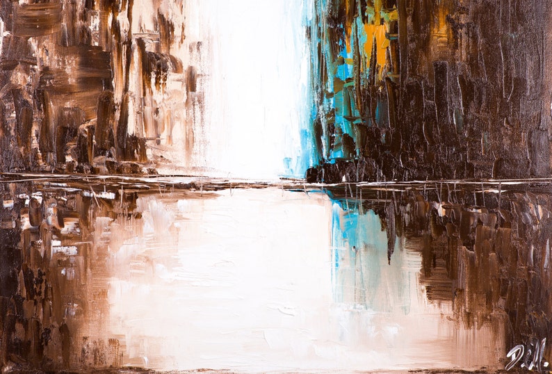 May include: Abstract painting with brown, white, and blue brushstrokes. The painting is divided into three sections, with the middle section being white and the two outer sections being brown and blue.