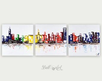 Colorful New York City Abstract Art, Urban Modern, Oil & Acrylic On Canvas Painting, Oil Painting, Home decor, New York Three Canvas Skyline