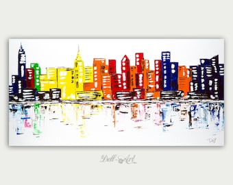 Original Colorful New York Skyline, Oil Painting, Abstract Modern Skyline, Fine Art, Home Decor