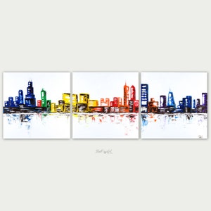 Chicago Abstract Art, Urban Modern painting ,Textured Painting, Home Decor, Acrylic on Canvas, Chicago Three Canvas Skyline