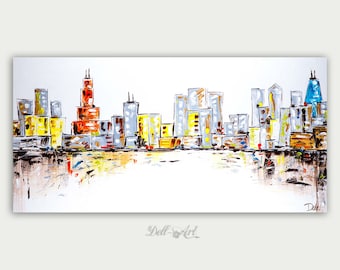 Colorful Chicago Skyline, Oil Painting, Abstract Modern Skyline, Fine Art, Home Decor