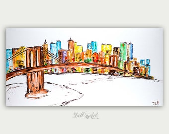 Colorful Brooklyn Bridge Painting New York City Oil Abstract Modern Skyline Artwork City Home Decor