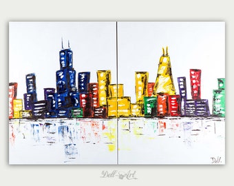 Original Chicago Abstract art- Urban Modern painting -Textured Painting- Home decor oil on canvas- Chicago Two Canvas Skyline