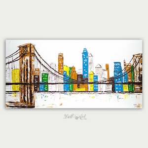 Colorful Brooklyn Bridge Skyline View, Oil Painting, Abstract Modern Skyline, Fine Art, Home Decor