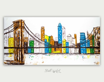 Colorful Brooklyn Bridge Skyline View, Oil Painting, Abstract Modern Skyline, Fine Art, Home Decor