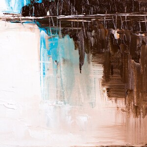 May include: Abstract painting with brown, white, and blue paint strokes. The painting has a textured surface and a modern style.