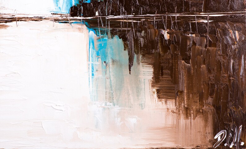 May include: Abstract painting with brown, white, and blue paint strokes. The painting has a textured surface and a modern style.