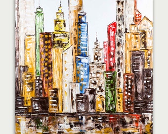 Colorful  Painting, City Skyline, Abstract & Modern Painting, Art On Canvas, Home Decor