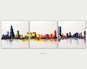 Chicago Abstract Art, Urban Modern Painting, Textured Painting, Home Decor, Oil On Canvas, Chicago Three Canvas Skyline