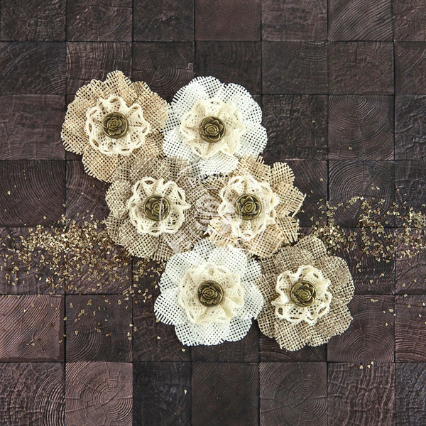 Natural Burlap & lace Flowers  2" Fabric Flowers Capri Merlot 578220 - (6 pcs) applique flowers hair dress headband shoe