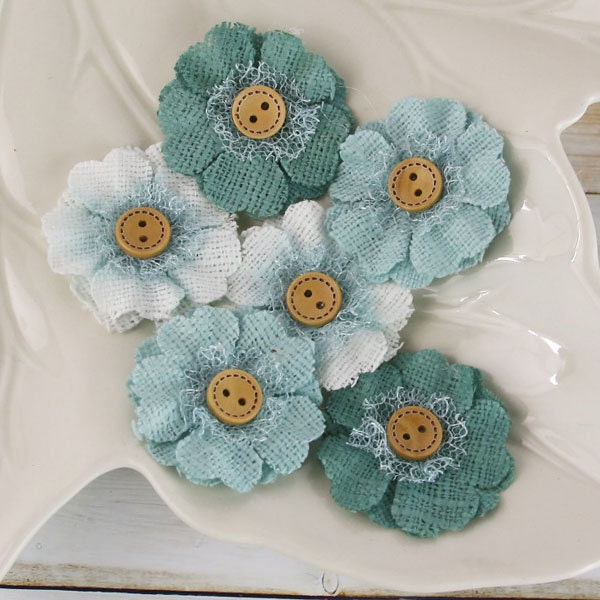 1.5" fabric flowers - Primmers Collection - Bottle Green 558383 - Natural  fabric flowers with cute button centers -aqua light green teal