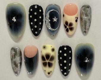 Retro Mond & Stern Drücken Sie auf die Nägel - Polka Dot Floral Night Sky Set