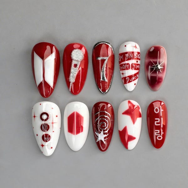 KPOP Arirang Album Press On Nails | 2026 Comeback 3D Silver Art | Red White Member Name Nails | Custom K-pop Concert Gift | Luxury Gel Nails