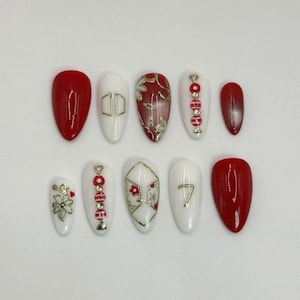 Uñas postizas Arirang de BTS / Arte tradicional del regreso en 2026 / Uñas con borla roja 3D y escudo dorado / Uñas de gel personalizadas hechas a mano / Regalo para fans de OT7