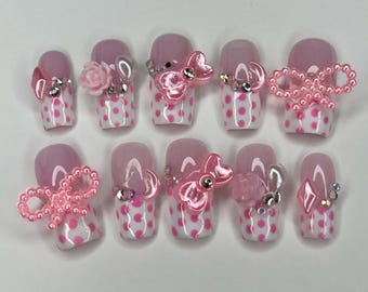 Pink Polka Dot Press On Nails: 3D Bow & Heart, Girly Nail Set