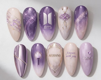 Kpop Arirang Album Press On Nails | 2026 Comeback Forever With You Art | Lila Kromgalaxnaglar | Traditionella 3D Knutnaglar | K-pop Gel