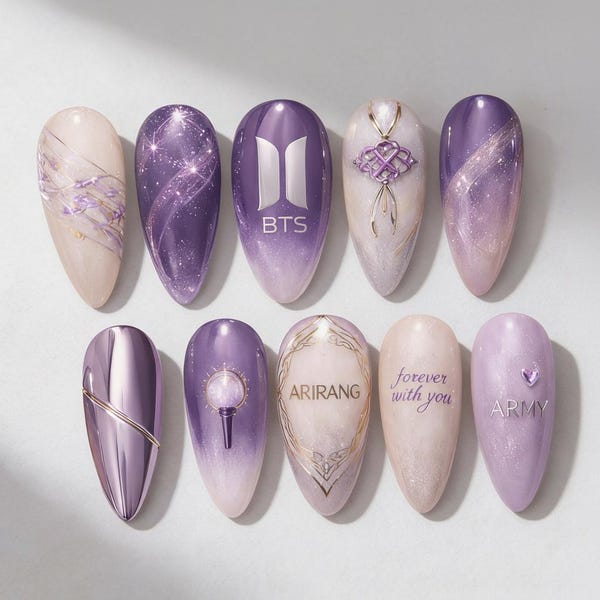 Kpop Arirang Album Press On Nails | 2026 Comeback Forever With You Art | Purple Chrome Galaxy Nails | 3D Traditional Knot Nails | K-pop Gel