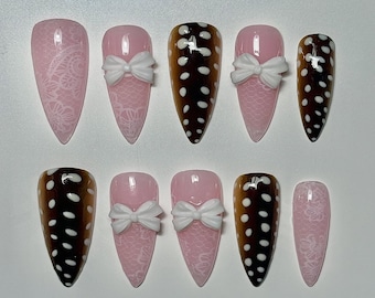 Pink Polka Dot Press On Nails – 3D Bow, Lace Pattern