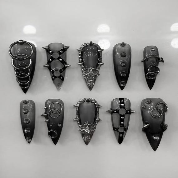 Gothic Metal Stud Press On Nails, Dark Punk Stiletto Nails with Rings