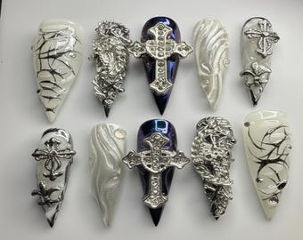 Gothic Cross Press On Nails, Dark Luxury Silver Stiletto Nail Set