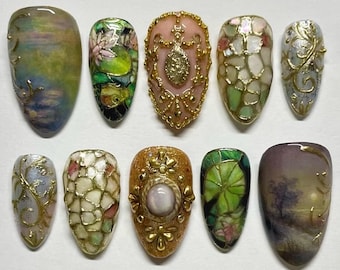Art Nouveau Press On Nails – Gold Frame Mosaic, Hand Painted Set