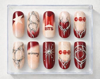 BTS Arirang Drücken Sie auf die Nägel | 2026 Comeback Blutrote Kunst | 3D Dorn Rebennägel | Industrielle K-Pop Gefälschte Nägel | Personalisierte Gelnägel