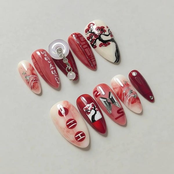 Kpop Arirang Inspired Press On Nails | Traditional Korean Art, 3D Silver Moon Pearl, Calligraphy | Edition 2