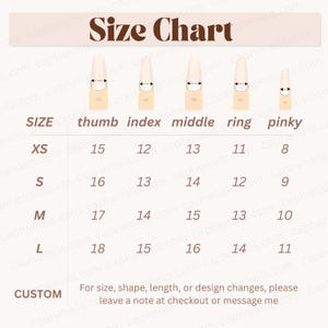 Puede incluir: Una tabla de tallas para uñas, con medidas para el pulgar, índice, medio, anular y meñique. Las tallas van de XS a L, con opciones personalizadas. Las medidas se dan en milímetros.