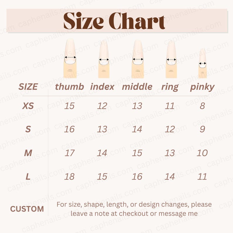 May include: A nail size chart showing measurements for thumb, index, middle, ring, and pinky fingers. Sizes range from XS to L, with custom options. Measurements are provided in millimetres for each finger, aiding in accurate sizing.