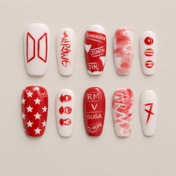 BTS Arirang Press On Nails | 2026 Comeback Member Name Art | Red White Crimson K-pop Nails | OT7 Reunion Fake Nails | Custom Gel Nails