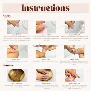 May include: Illustrated guide detailing the application and removal of artificial nails. The image shows the stages: filing, cleaning, preparing, applying adhesive tabs, peeling, applying nails, soaking, and removal. Text includes "Instructions" and "caphenails.com".
