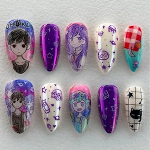 OMORI Press On Nails – Hand Painted Anime Game Nails Inspired by White Space